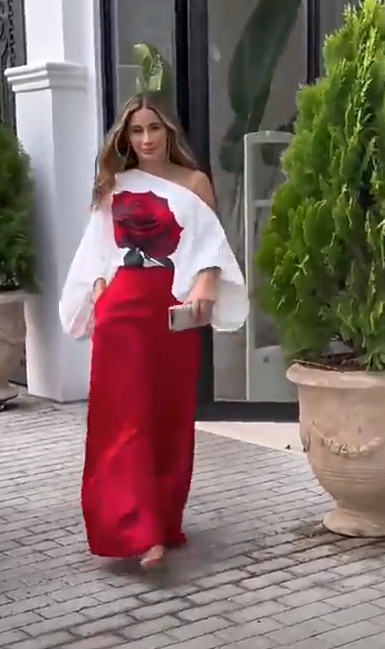 One Shoulder Blouse Set with Rose Print and Red Pantalona Pants