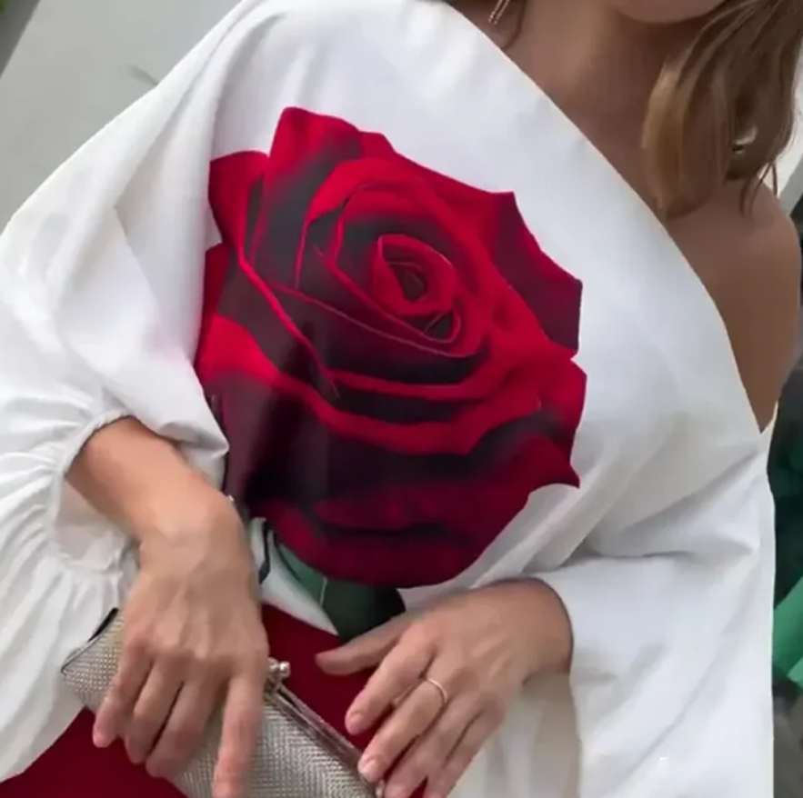 One Shoulder Blouse Set with Rose Print and Red Pantalona Pants