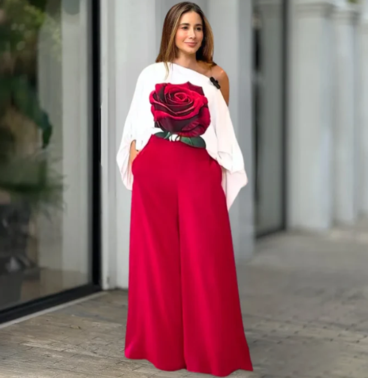 One Shoulder Blouse Set with Rose Print and Red Pantalona Pants