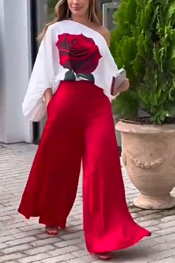 One Shoulder Blouse Set with Rose Print and Red Pantalona Pants