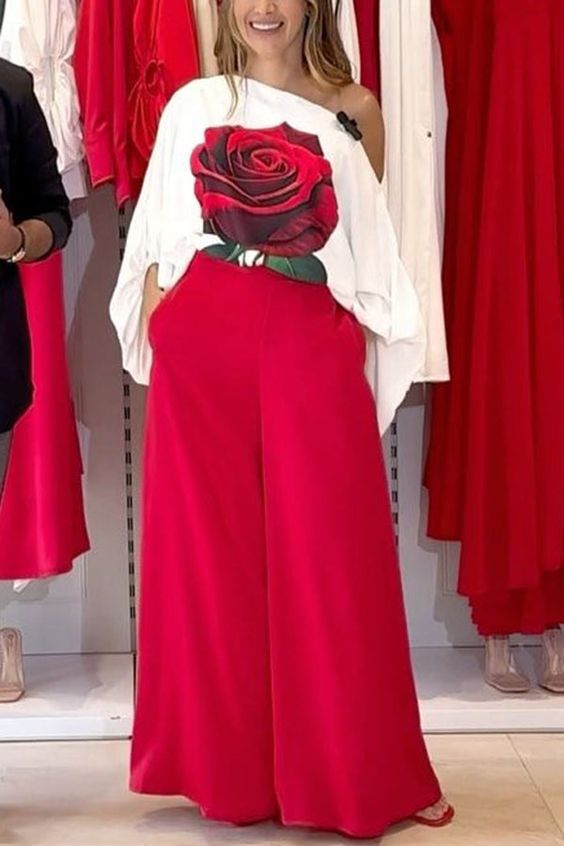 One Shoulder Blouse Set with Rose Print and Red Pantalona Pants
